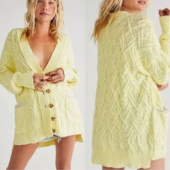 Free People Sweaters - New Free People Sz XS Montana Chunky Cable Oversized Cardigan yellow